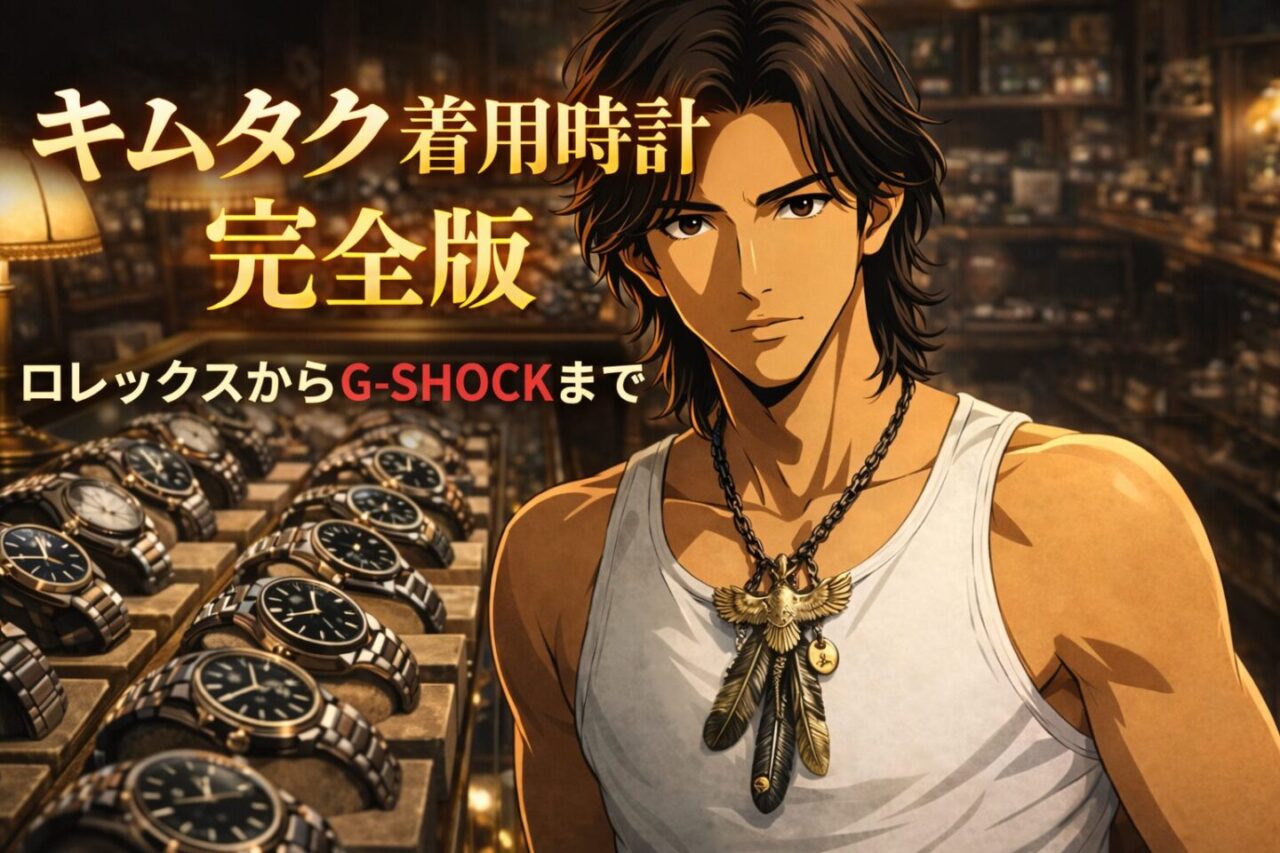 木村拓哉着用の腕時計をまとめた完全版イメージ。ロレックスからG-SHOCKまで高級時計が並ぶ店内と男性キャラクター