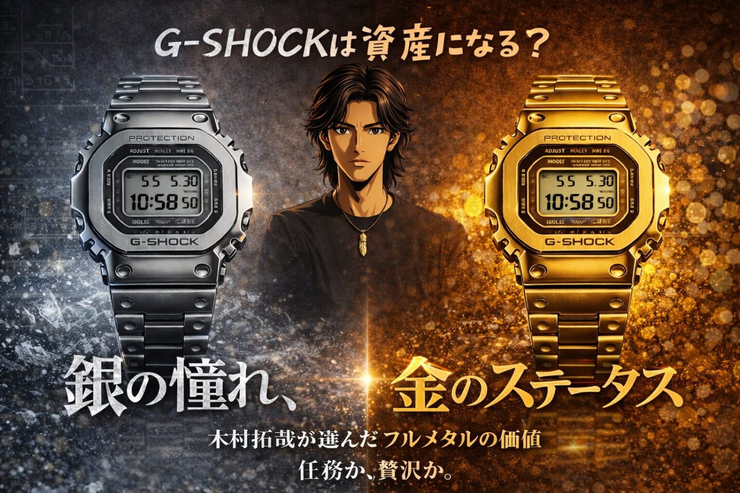 フルメタルG-SHOCKのシルバーモデルとゴールドモデルを左右に配置し、中央に2Dアニメ風キャラクターが立つ構図。背景は冷たい金属質のブルー系と輝くゴールド系の光で左右に分かれ、銀と金の対比を強調。「G-SHOCKは資産になる?」のコピーとともに、「銀の憧れ」「金のステータス」「木村拓哉が選んだフルメタルの価値」「任務か、贅沢か。」の文字が配置された1280×720サイズのアイキャッチ画像。