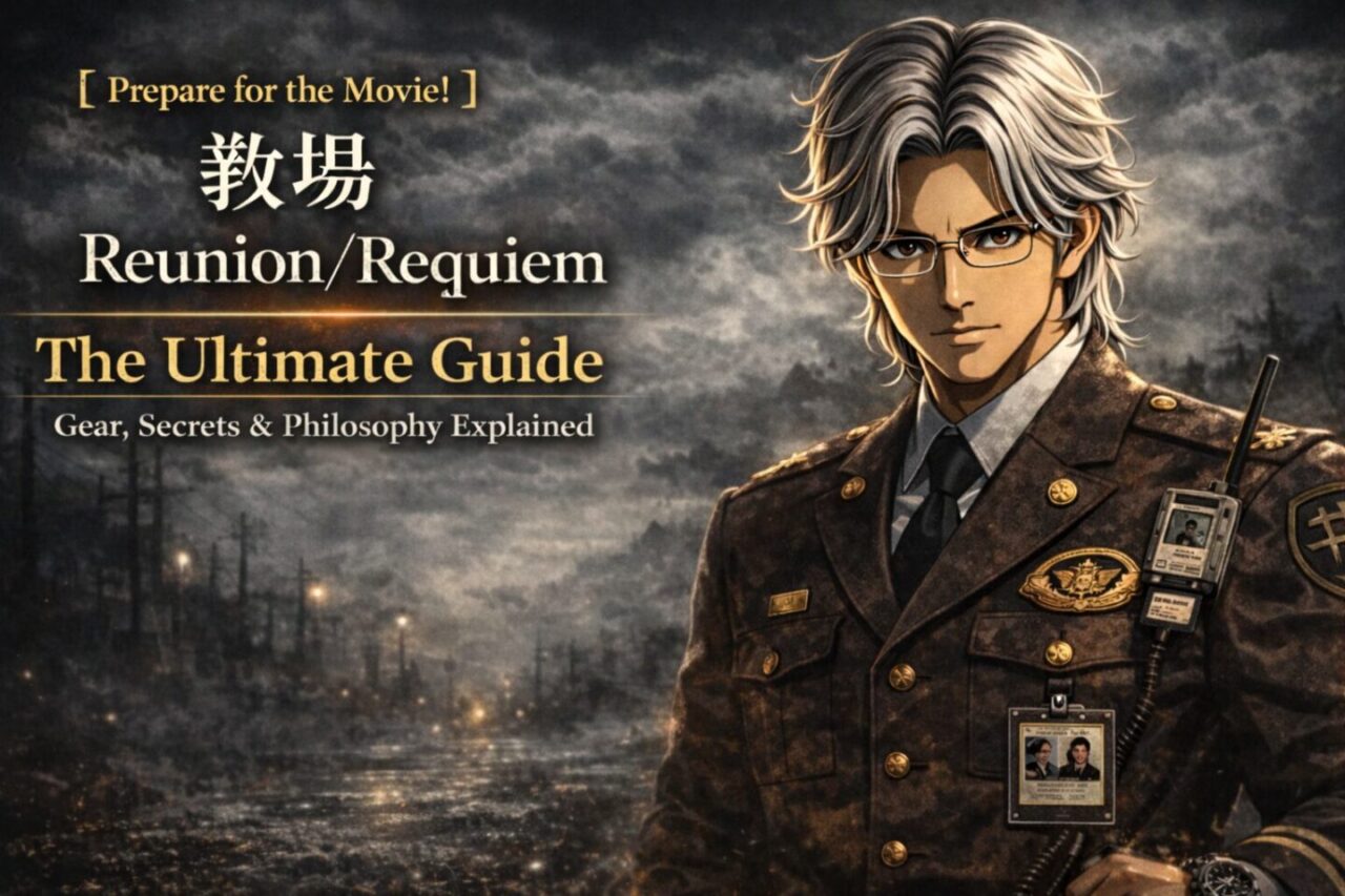 白髪の2Dアニメ風キャラクターが警察教官の制服を着用し、薄いレンズの眼鏡越しに鋭い視線を向けるシネマティックなビジュアル。どんよりとした曇天の街並みと濡れた路面が広がる重厚な背景の中、ドラマチックなコントラストで『教場 Reunion / Requiem』の世界観を表現したアイキャッチ画像。