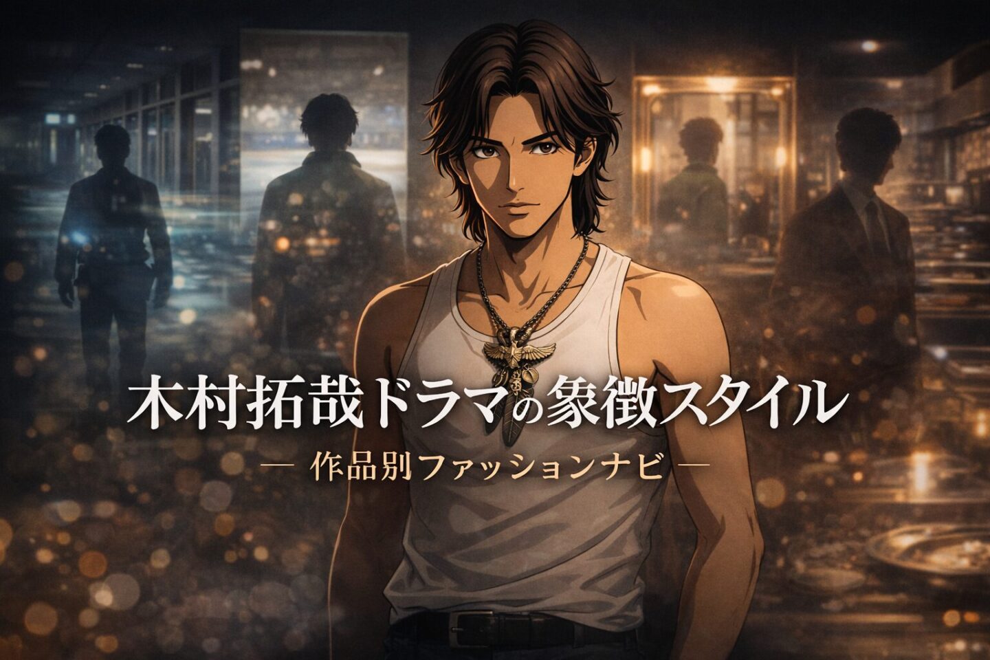 白のタンクトップ姿の2Dアニメ風男性キャラクターがフェザーアクセサリーを身につけ、警察学校やホッケーリンク、美容室、裁判所、レストランなどドラマを象徴する背景が重なるファッションナビのアイキャッチ画像。