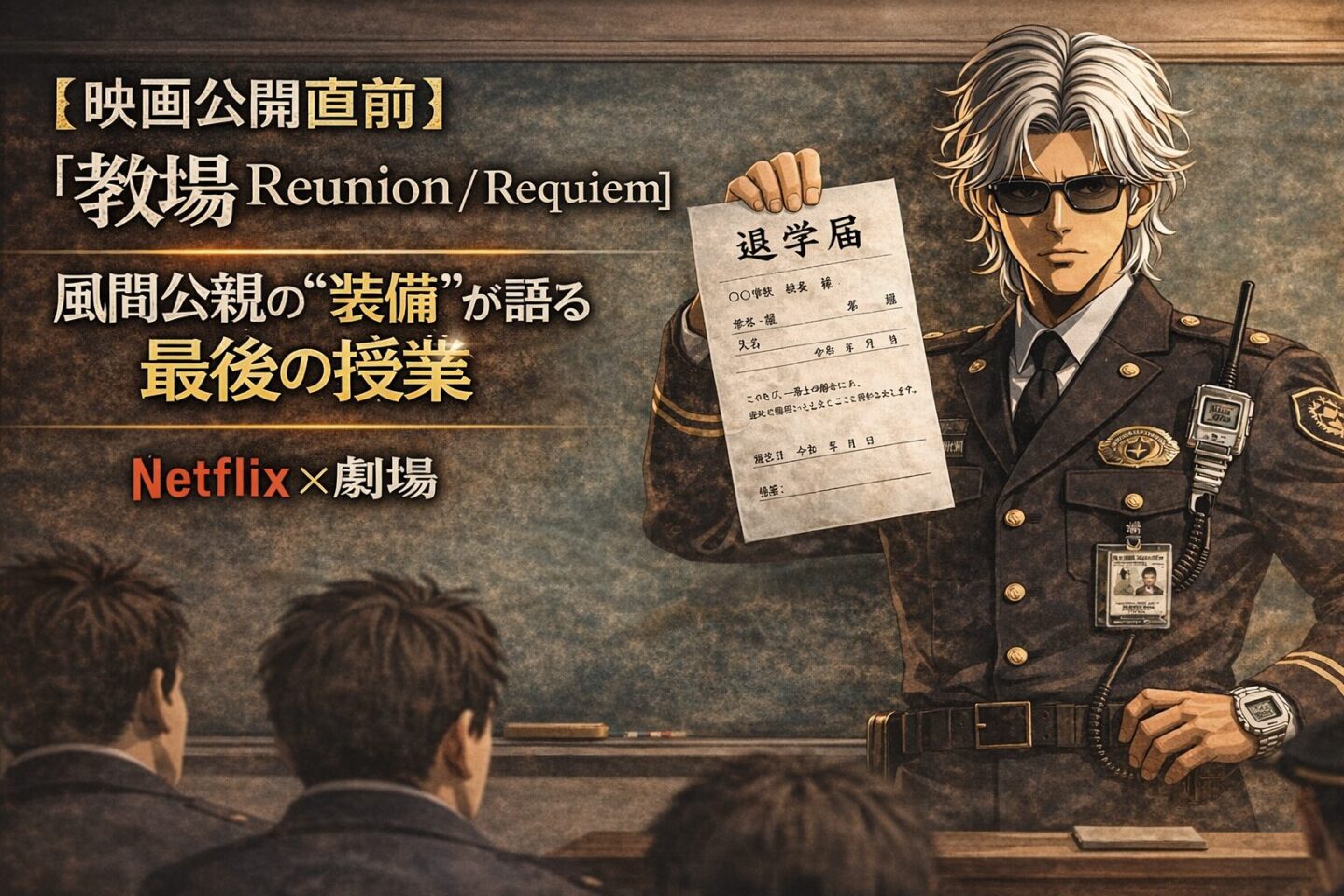 白髪の風間公親が警察制服姿で教室に立ち、「退学届」を掲げる印象的なシーン。背後には黒板と生徒の後ろ姿が描かれ、重厚な空気の中で『教場 Reunion/Requiem』映画公開直前を示すビジュアル。「風間公親の“装備”が語る最後の授業」「Netflix×劇場」のコピーが配置されたプロモーション用アイキャッチ画像。