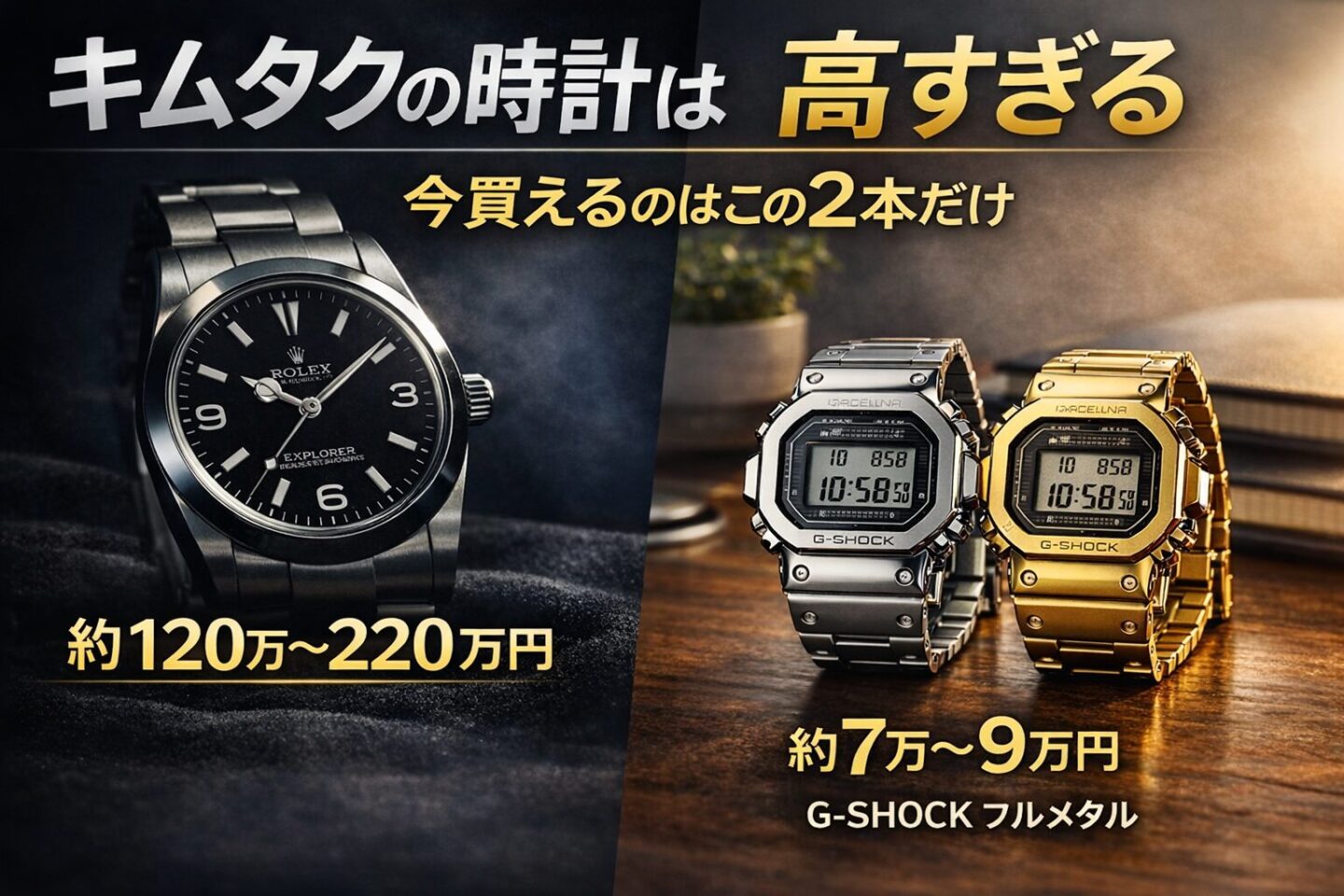 ロレックスエクスプローラーとG-SHOCKフルメタルを比較した画像。キムタク着用モデルは100万円超え、一方で7万円台から購入できる代替モデルも紹介。