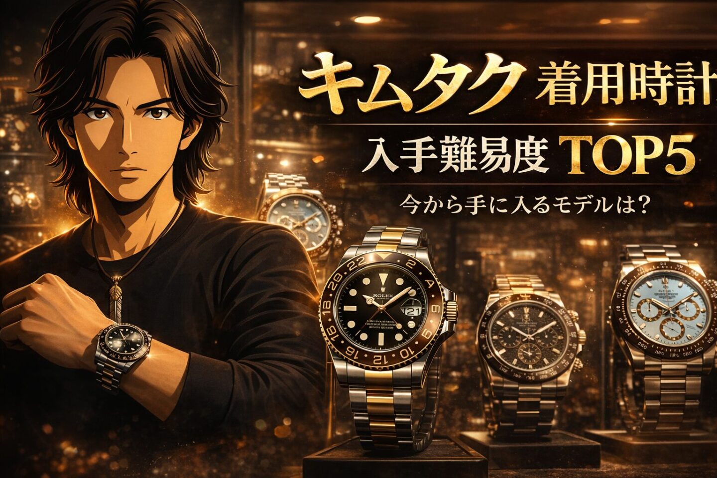 木村拓哉着用時計の入手難易度ランキングTOP5をイメージした高級腕時計ビジュアルと男性モデル
