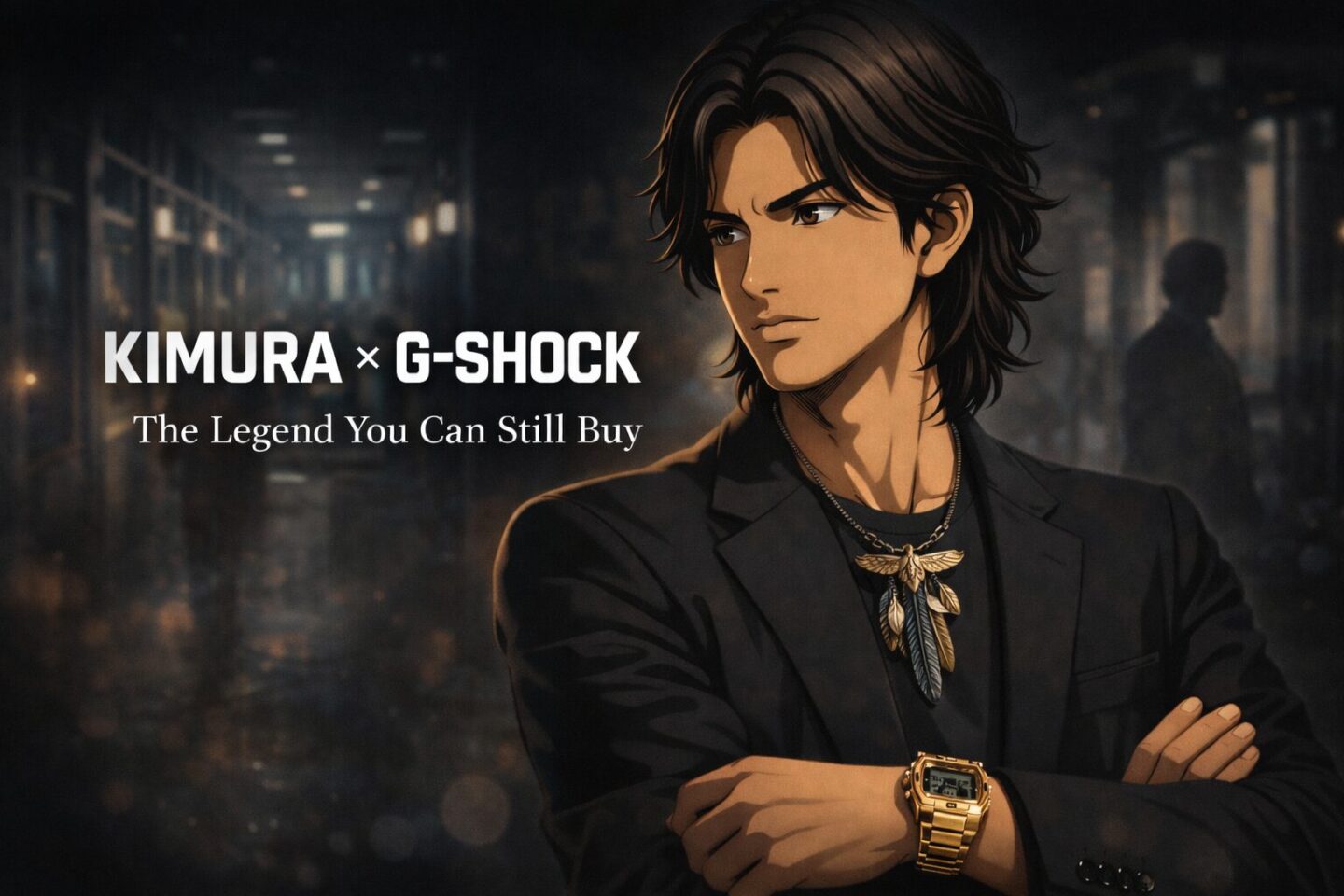 黒のジャケット姿の大人の男性が、ゴールドのフルメタルG-SHOCKとフェザーモチーフのアクセサリーを身につけて静かに佇む、シネマティックな雰囲気の2Dアニメ風アイキャッチ画像