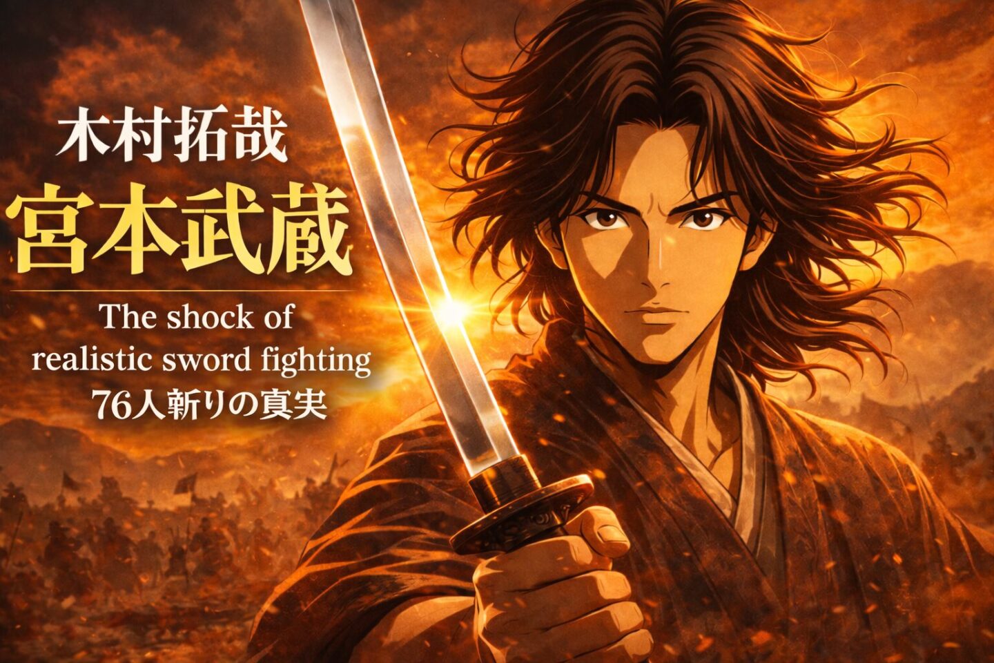 木村拓哉 宮本武蔵（2014）ドラマのアイキャッチ画像。夕焼けの戦場で刀を構える武蔵を描いた2Dアニメ風ビジュアルで「The shock of realistic sword fighting」「76人斬りの真実」の文字入り。