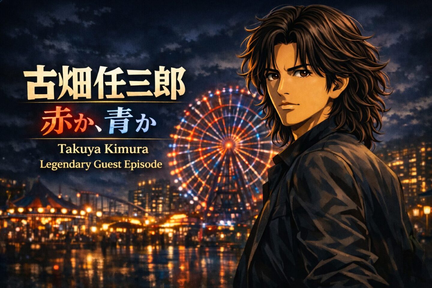 古畑任三郎「赤か、青か」木村拓哉ゲスト回のアイキャッチ画像。夜の観覧車が光る遊園地を背景にロン毛の男性キャラクターが立つミステリアスなドラマビジュアル。